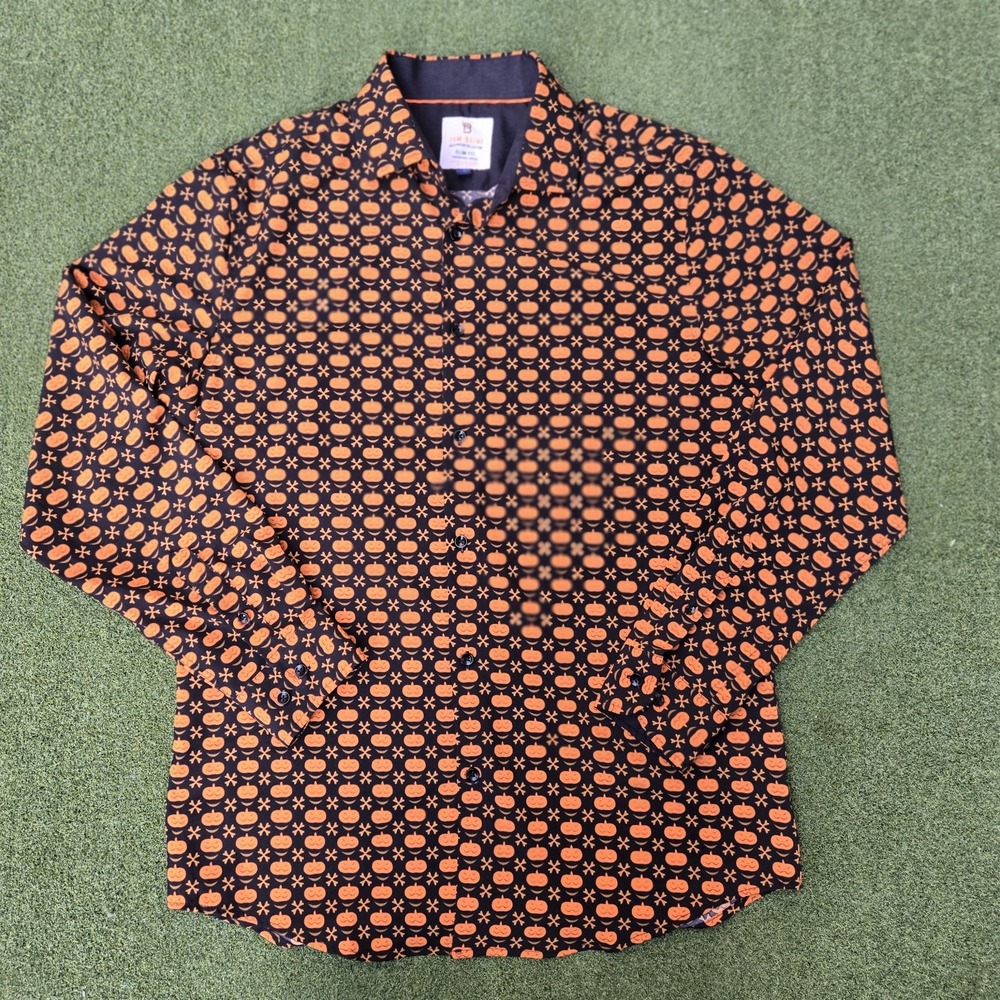 Tom Baine Long Sleeve Button Shirt Men's L Black Orange Slim Fit Halloween